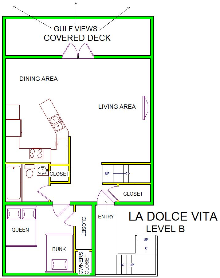 A level B layout view of Sand 'N Sea's beachfront vacation rental in Galveston named La Dolce Vita